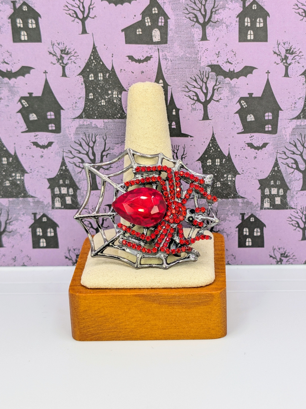 Metal Silver Tone Spider and Web Brooch with Red Faux Gem & Red Rhinestones